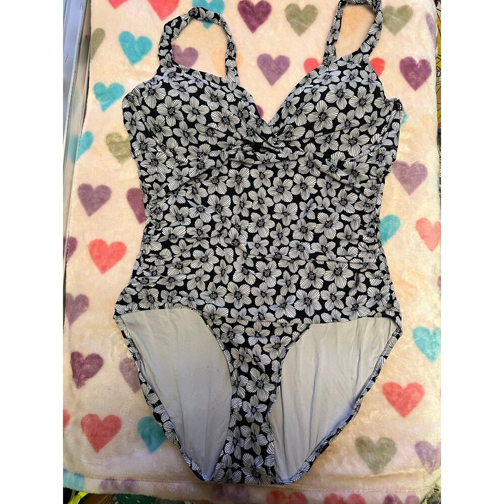 Anne Cole Floral Swimsuit One Piece Graphic Black White Open Back 14 Swim